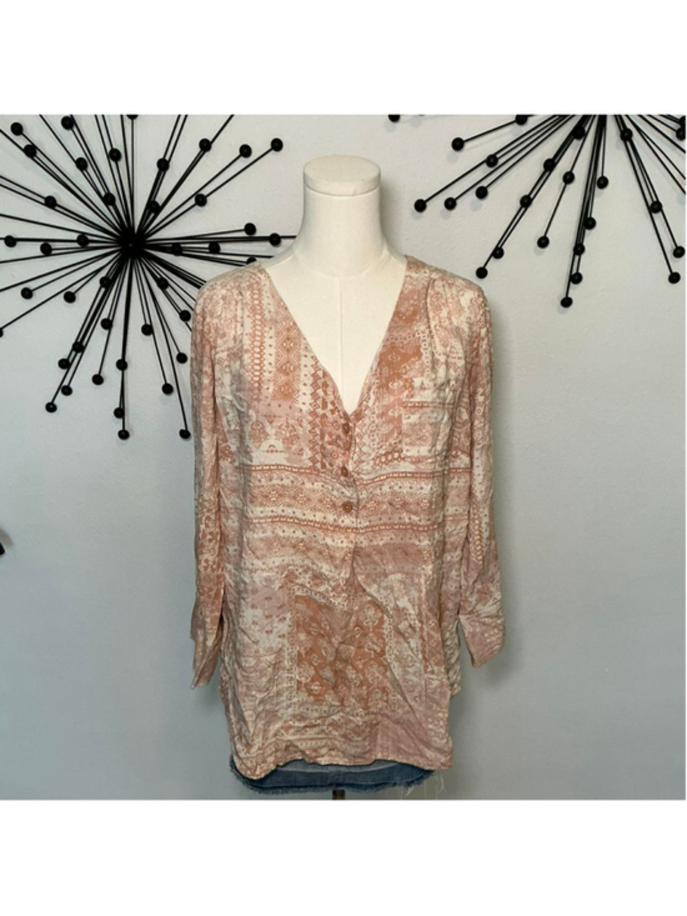 Boho peach cream print blouse flowy V neck top